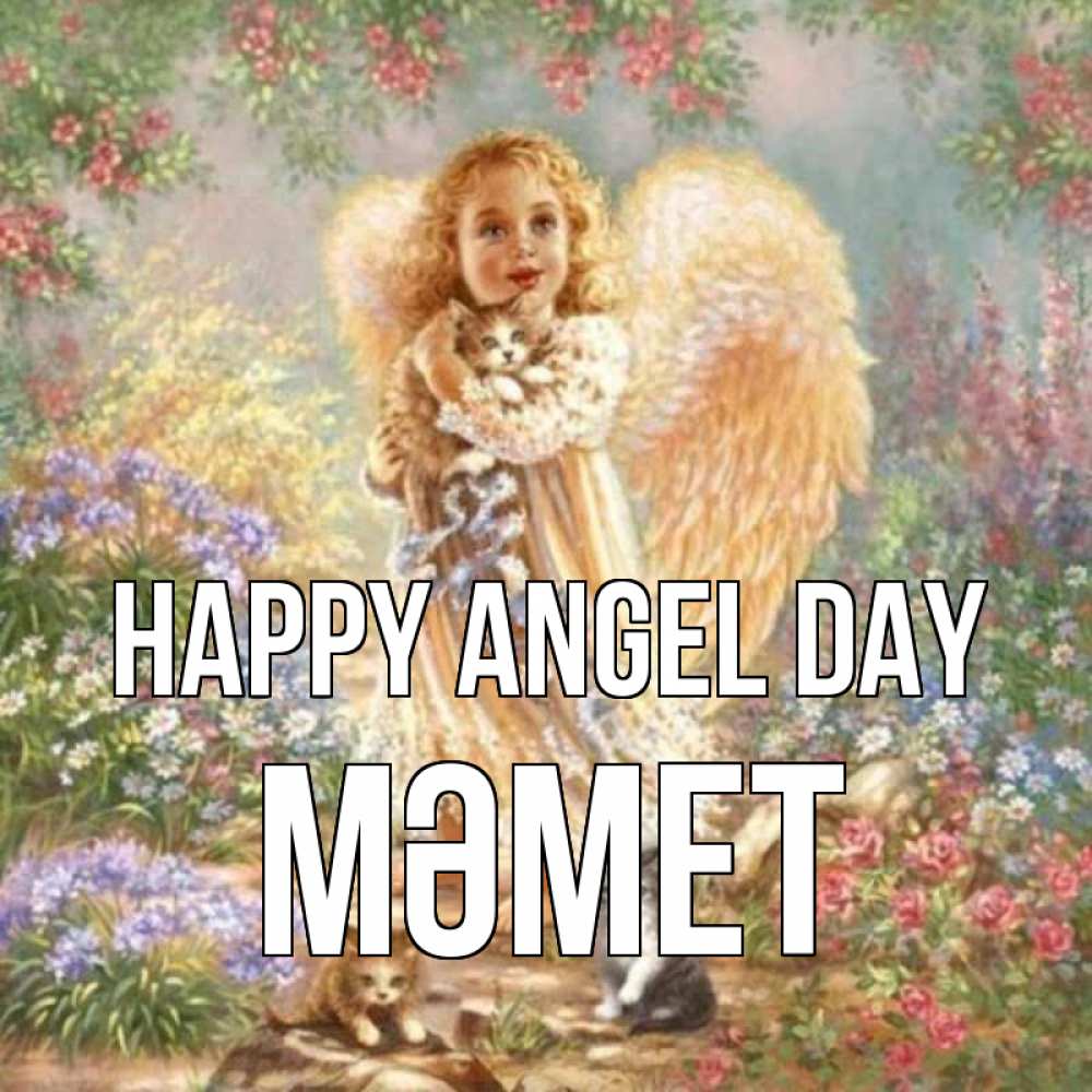 Greetings card с именем, Мәмет happy angel day держит котенка Greetings with text for free download 