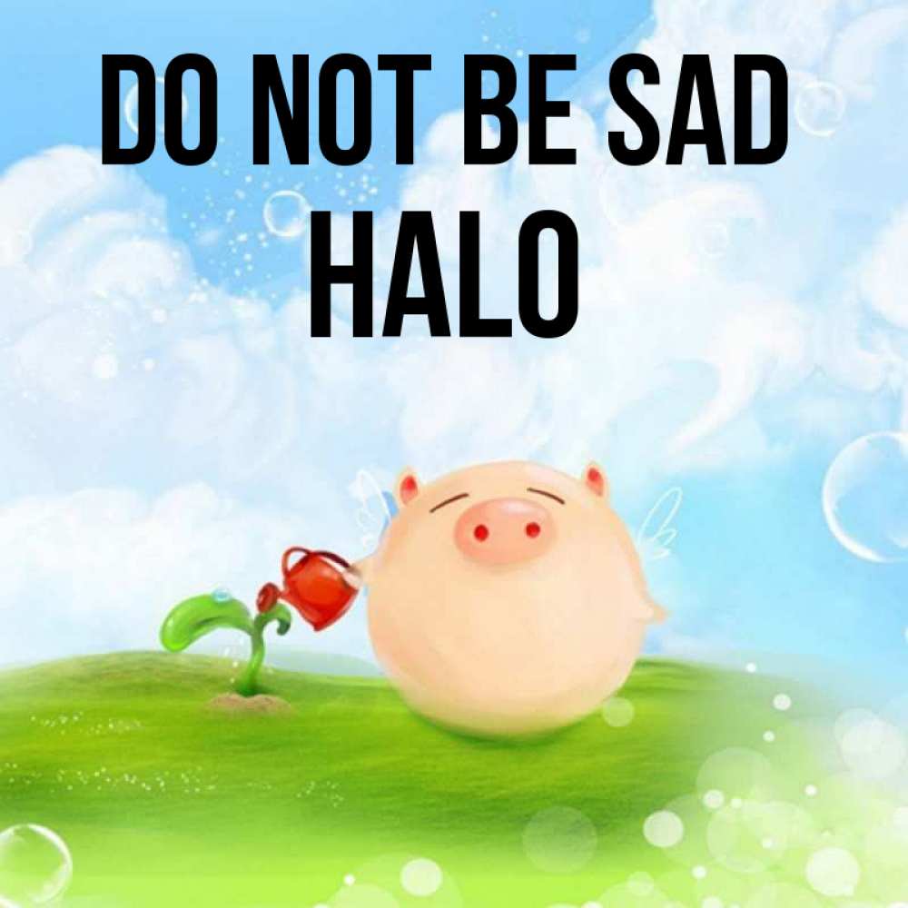 Greetings card с именем, Halo Do not be sad поливает цветок порося Greetings with text for free download 