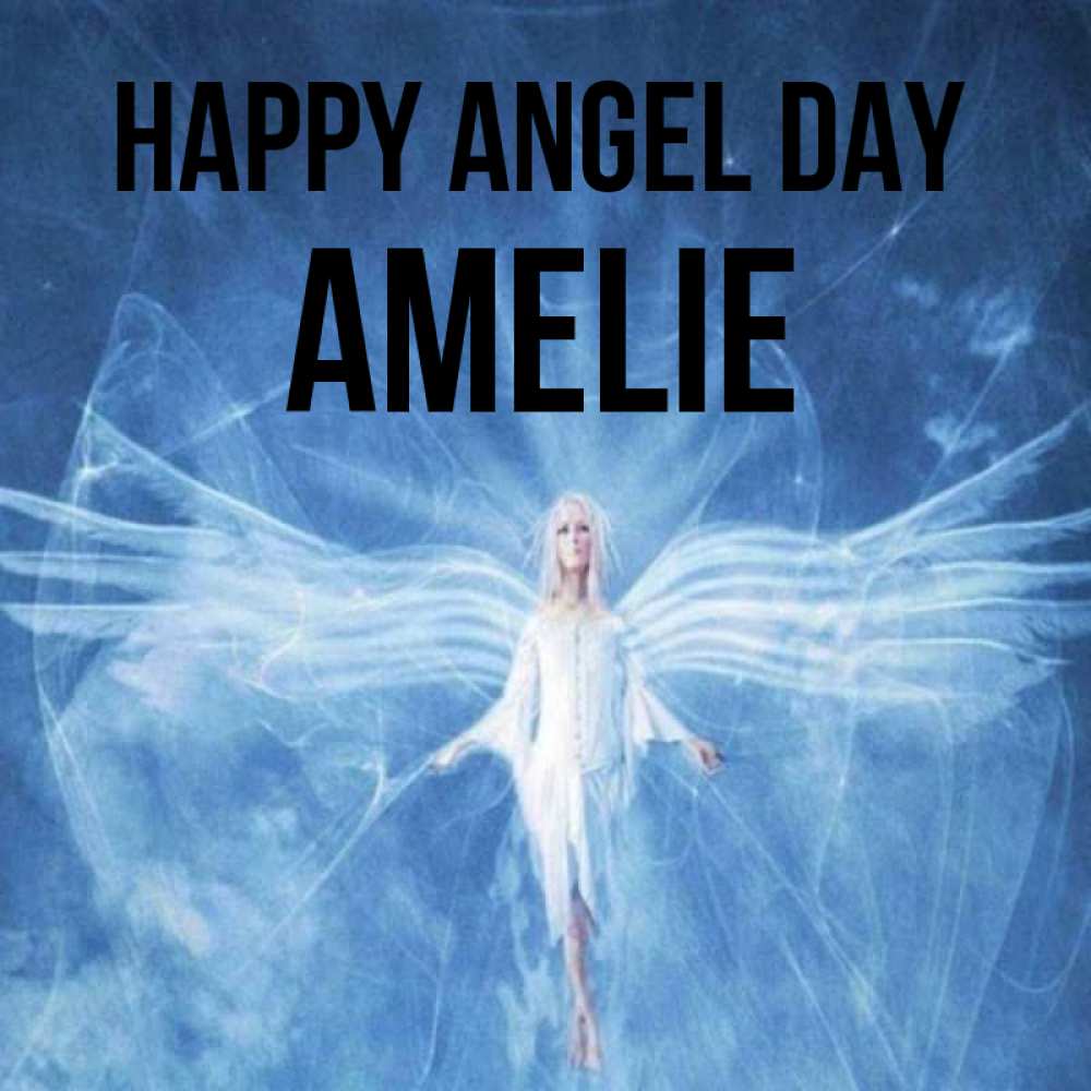Greetings card с именем, Amelie happy angel day голубой фон и крылья как у стрекозы Greetings with text for free download 
