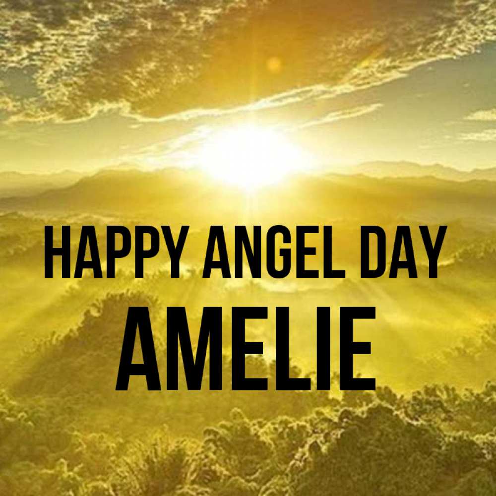 Greetings card с именем, Amelie happy angel day леса и небо в желтом Greetings with text for free download 