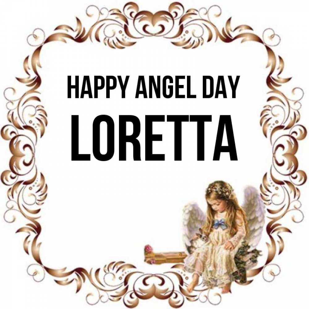 Greetings card с именем, Loretta happy angel day рамочка из перьев и ангелочек Greetings with text for free download 