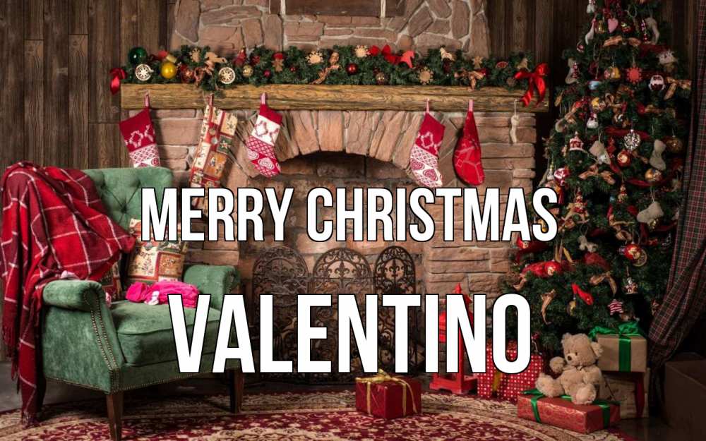 Greetings card с именем, Valentino Merry Christmas рождество, камин, ель Greetings with text for free download 