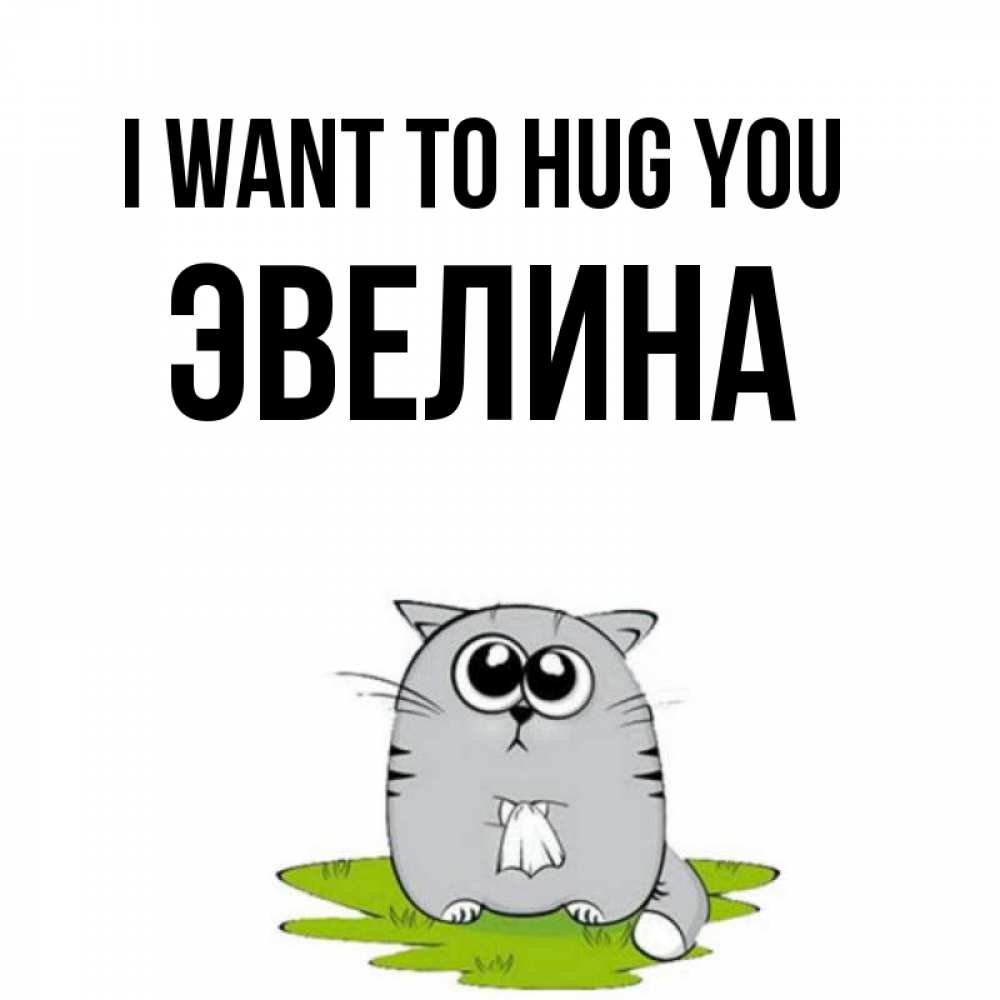 Greetings card с именем, Эвелина I want to hug you котик теребит платочек сидя на травке Greetings with text for free download 