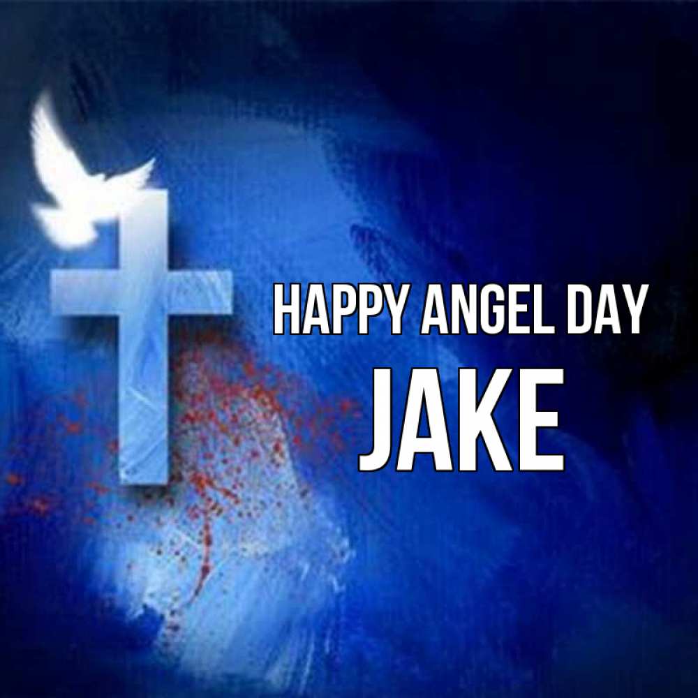 Greetings card с именем, Jake happy angel day Синий фон и птица Greetings with text for free download 