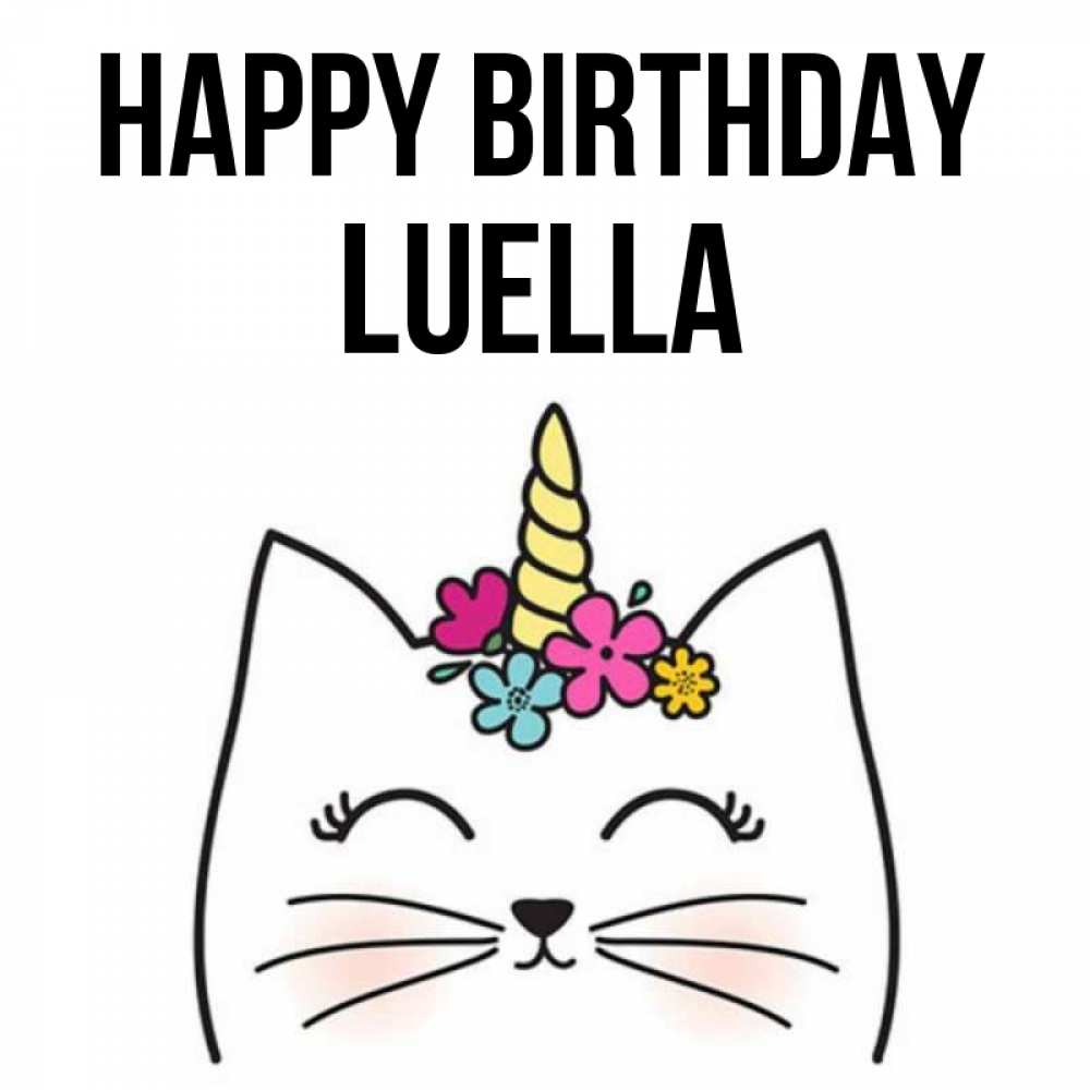 Greetings card с именем, Luella Happy Birthday милый кот с одним рожком Greetings with text for free download 