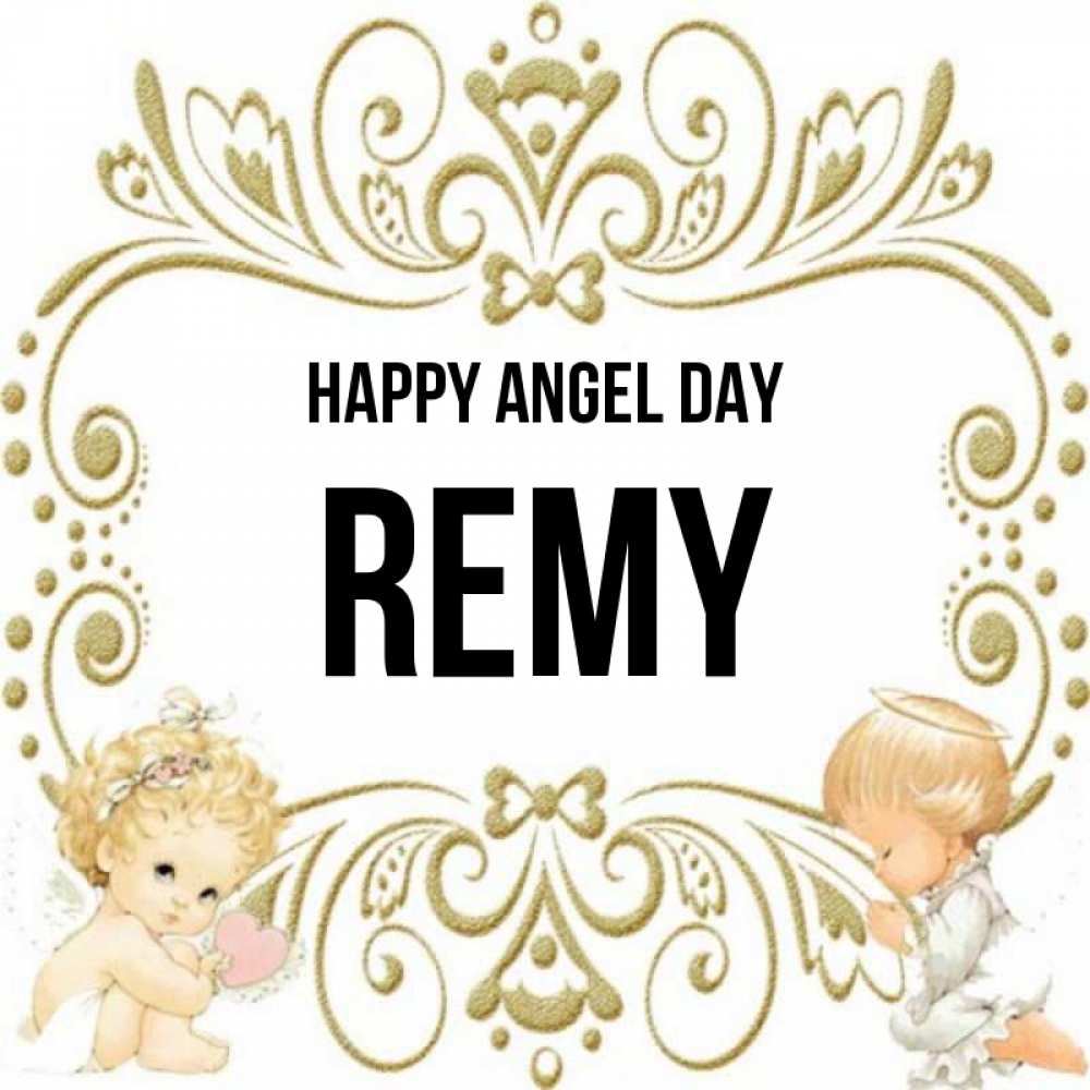 Greetings card с именем, Remy happy angel day с именинами поздравляют два красивых ангела. Один с сердечком другой молится Greetings with text for free download 