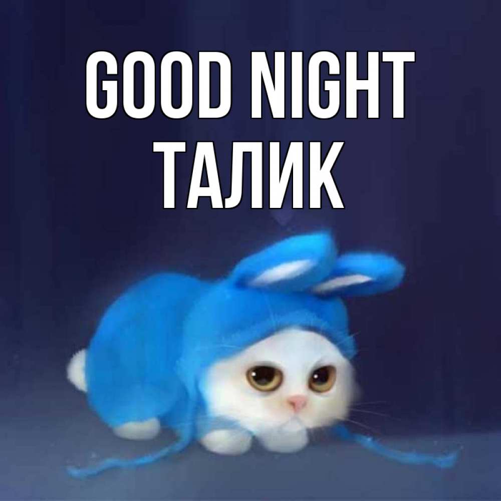 Greetings card с именем, Талик Good night кот в голубом костюме кролика с ушками Greetings with text for free download 