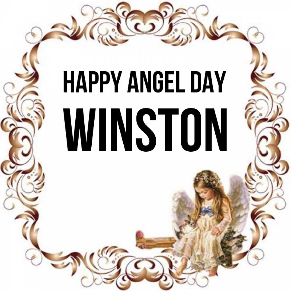 Greetings card с именем, Winston happy angel day рамочка из перьев и ангелочек Greetings with text for free download 