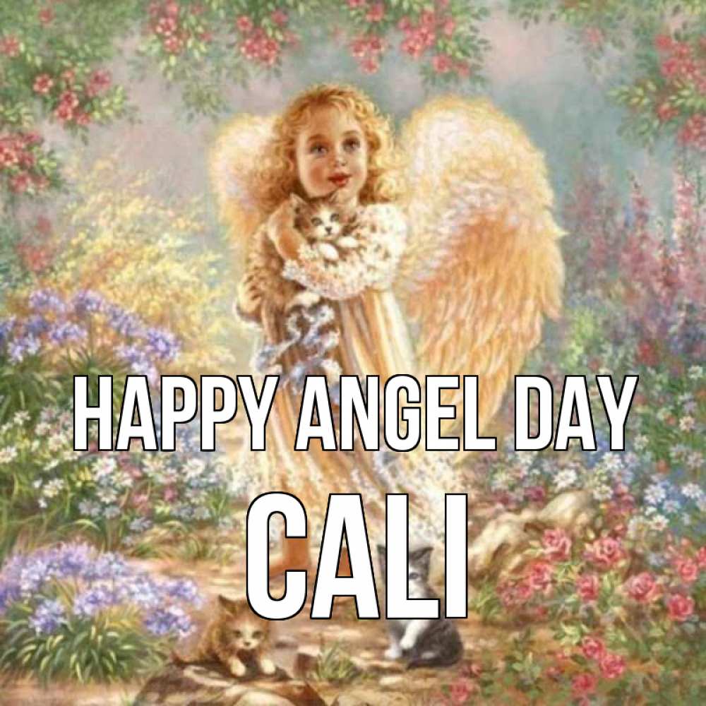 Greetings card с именем, Cali happy angel day держит котенка Greetings with text for free download 