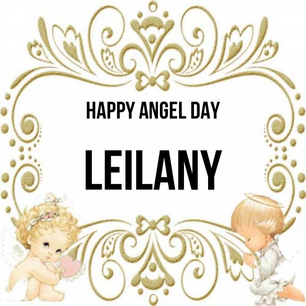 Greetings card с именем, Leilany happy angel day с именинами поздравляют два красивых ангела. Один с сердечком другой молится Greetings with text for free download 