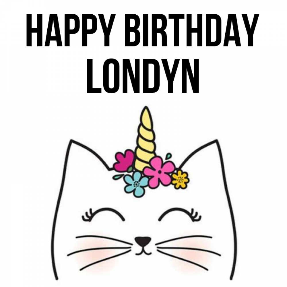 Greetings card с именем, Londyn Happy Birthday милый кот с одним рожком Greetings with text for free download 