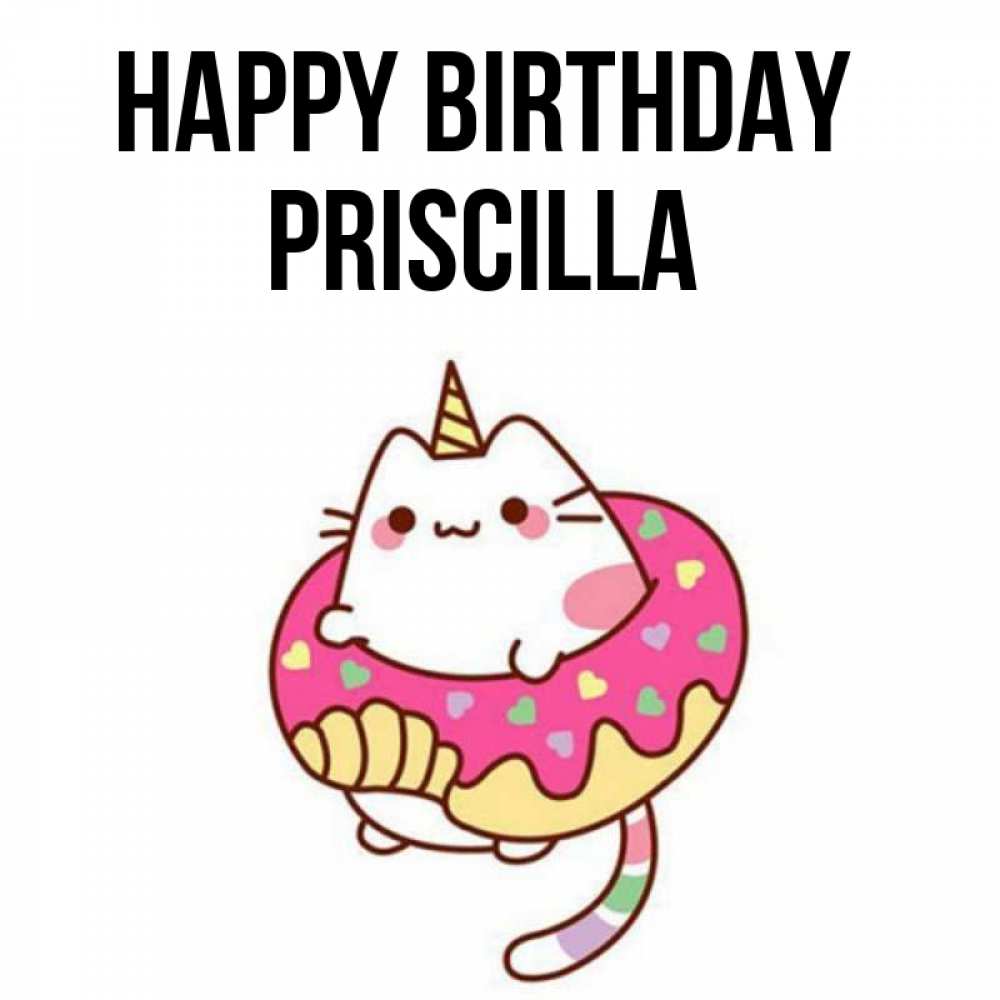 Greetings card с именем, Priscilla Happy Birthday меньше надо жрать Greetings with text for free download 