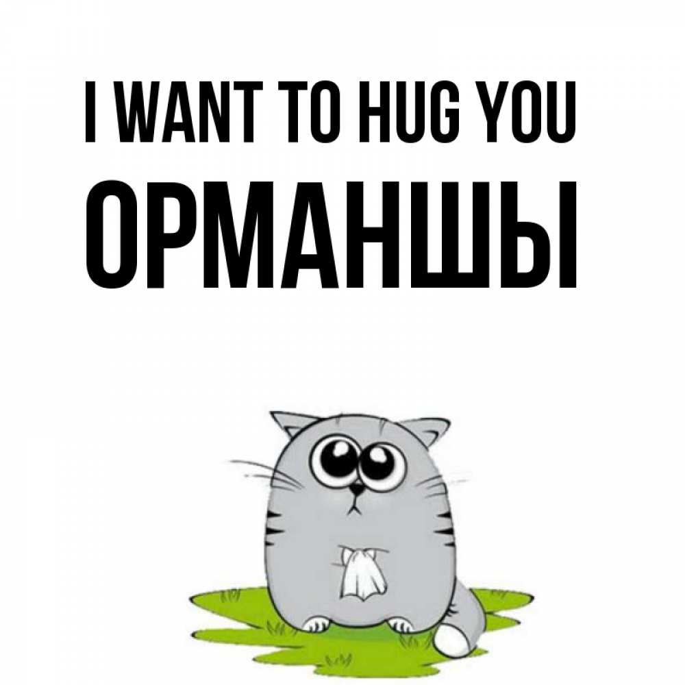 Greetings card с именем, ОРМАНШЫ I want to hug you котик теребит платочек сидя на травке Greetings with text for free download 