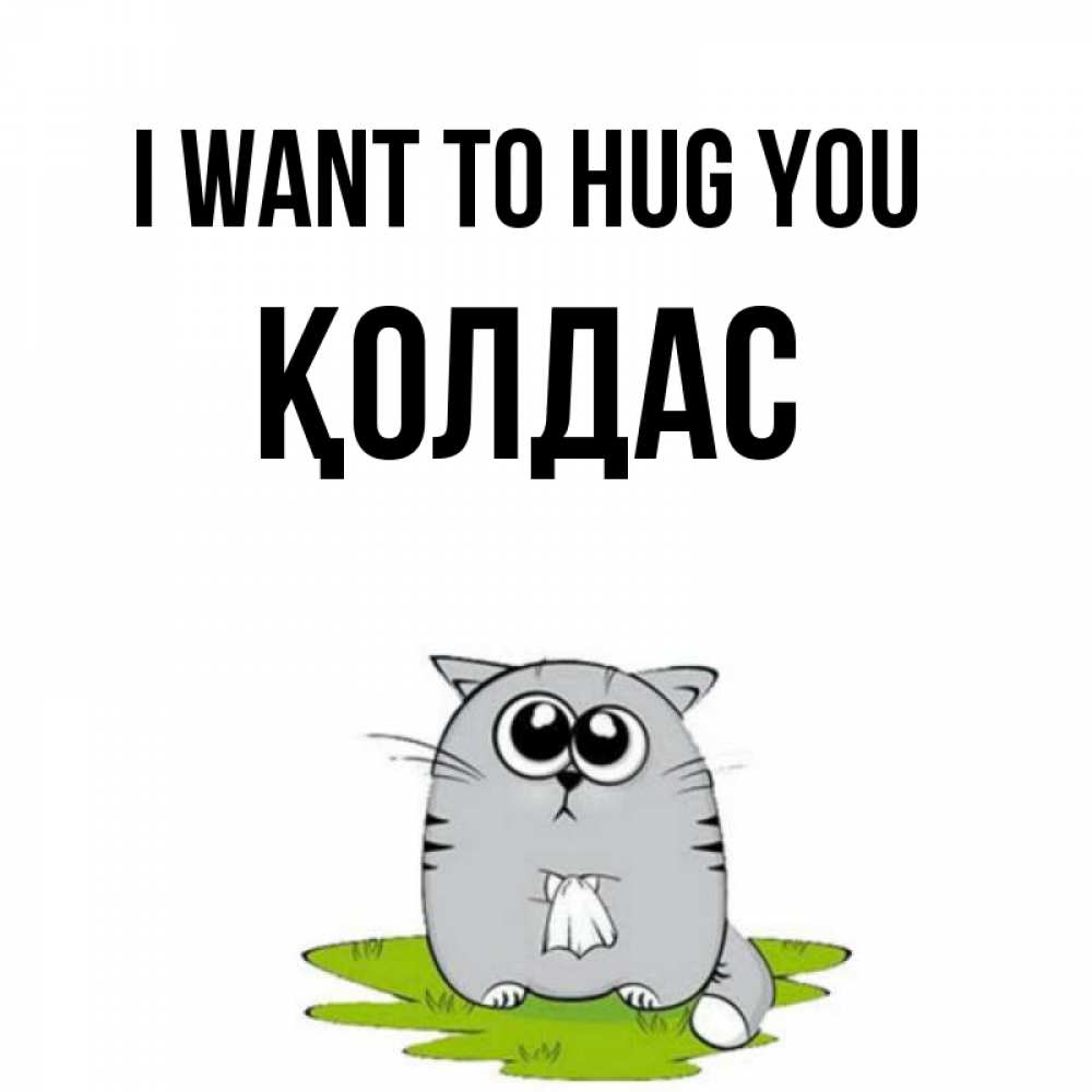 Greetings card с именем, Қолдас I want to hug you котик теребит платочек сидя на травке Greetings with text for free download 