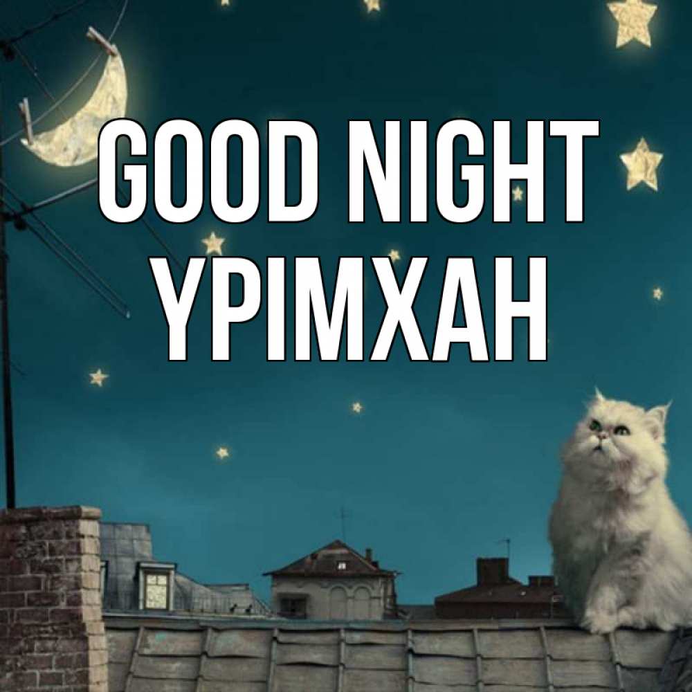 Greetings card с именем, Үрімхан Good night белый кот сидит на крыше Greetings with text for free download 