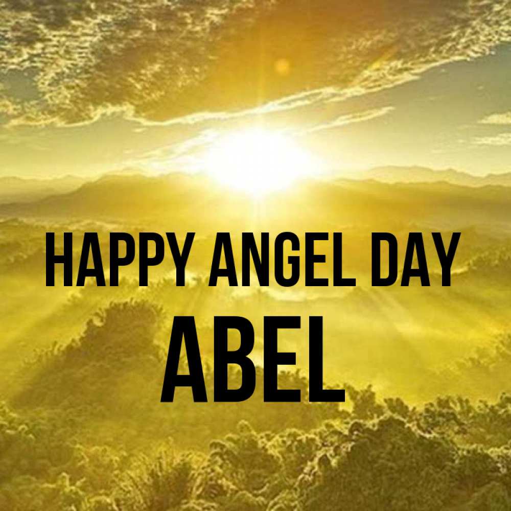 Greetings card с именем, Abel happy angel day леса и небо в желтом Greetings with text for free download 