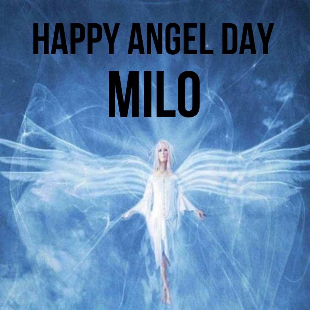 Greetings card с именем, Milo happy angel day голубой фон и крылья как у стрекозы Greetings with text for free download 
