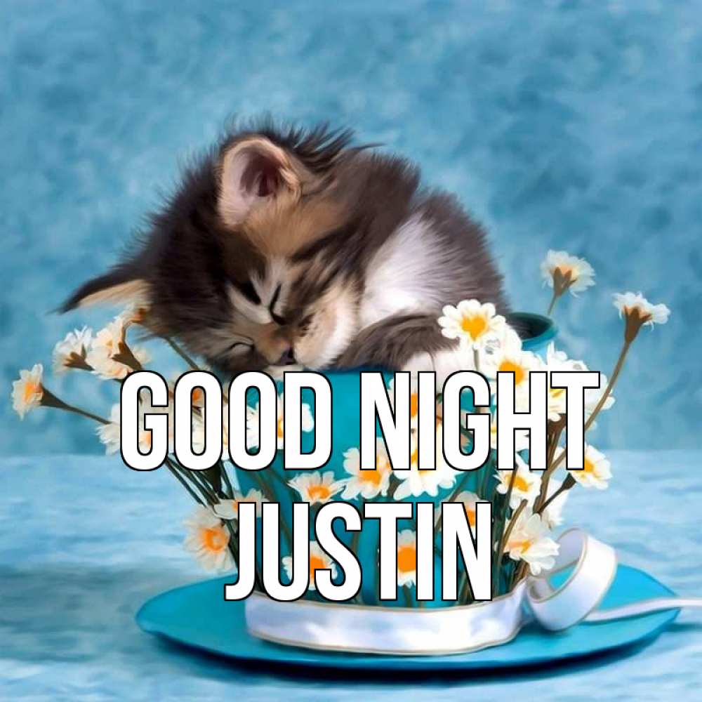 Greetings card с именем, Justin Good night котенок спит в кружке с блюдцем Greetings with text for free download 