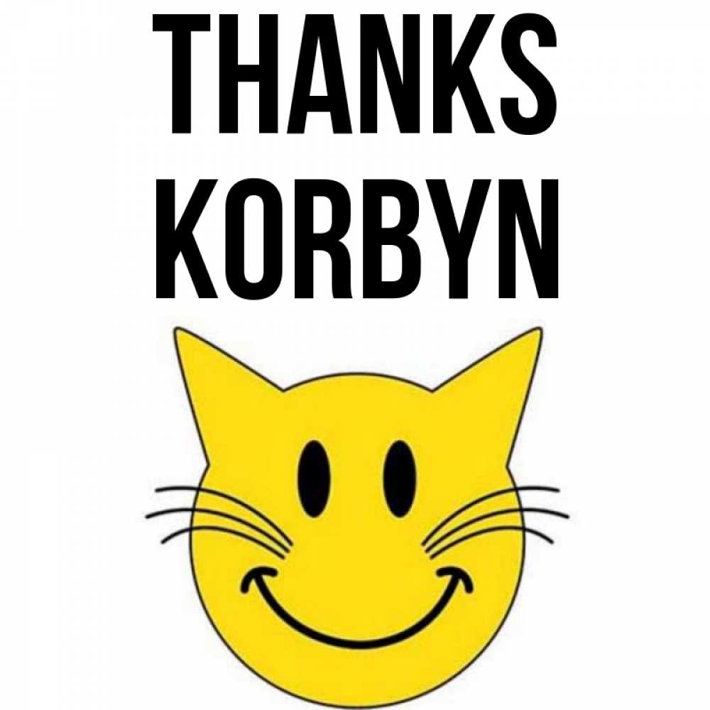 Greetings card с именем, Korbyn Thanks улыбающийся смайл кот Greetings with text for free download 