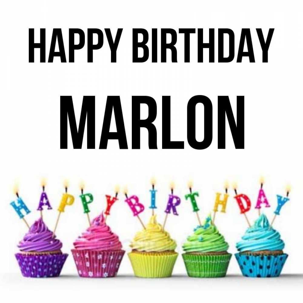 Greetings card с именем, Marlon Happy Birthday открытка ко дню рождения с разноцветными вкусняшками Greetings with text for free download 