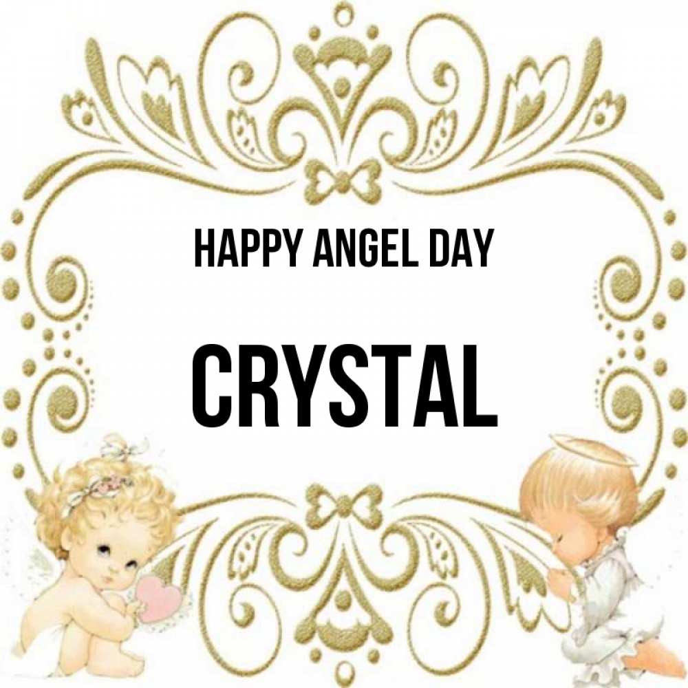 Greetings card с именем, Crystal happy angel day с именинами поздравляют два красивых ангела. Один с сердечком другой молится Greetings with text for free download 