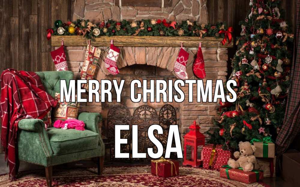 Greetings card с именем, Elsa Merry Christmas рождество, камин, ель Greetings with text for free download 