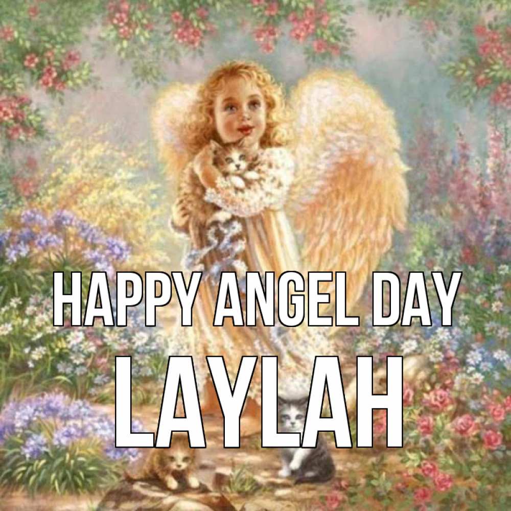 Greetings card с именем, Laylah happy angel day держит котенка Greetings with text for free download 