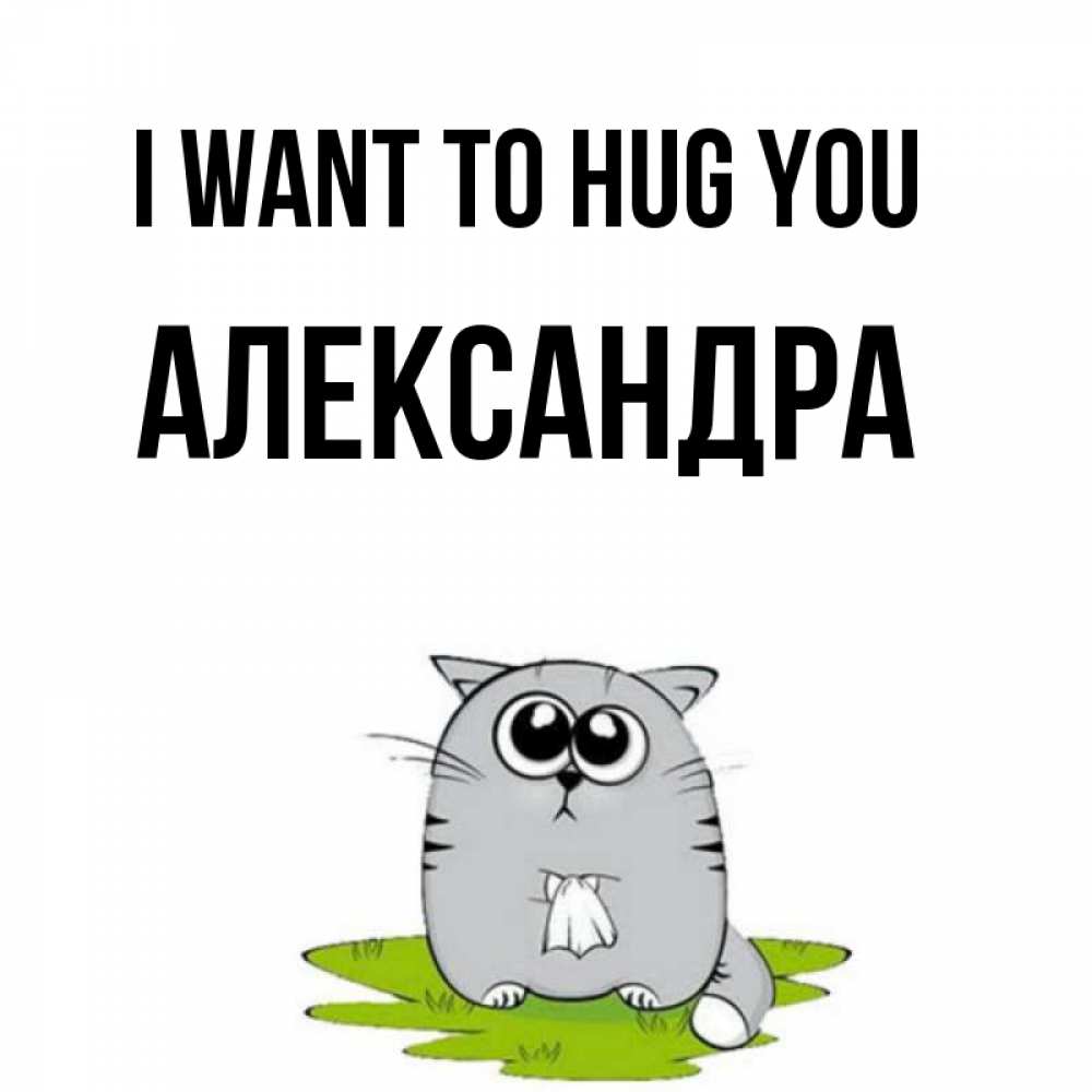Greetings card с именем, Александра I want to hug you котик теребит платочек сидя на травке Greetings with text for free download 
