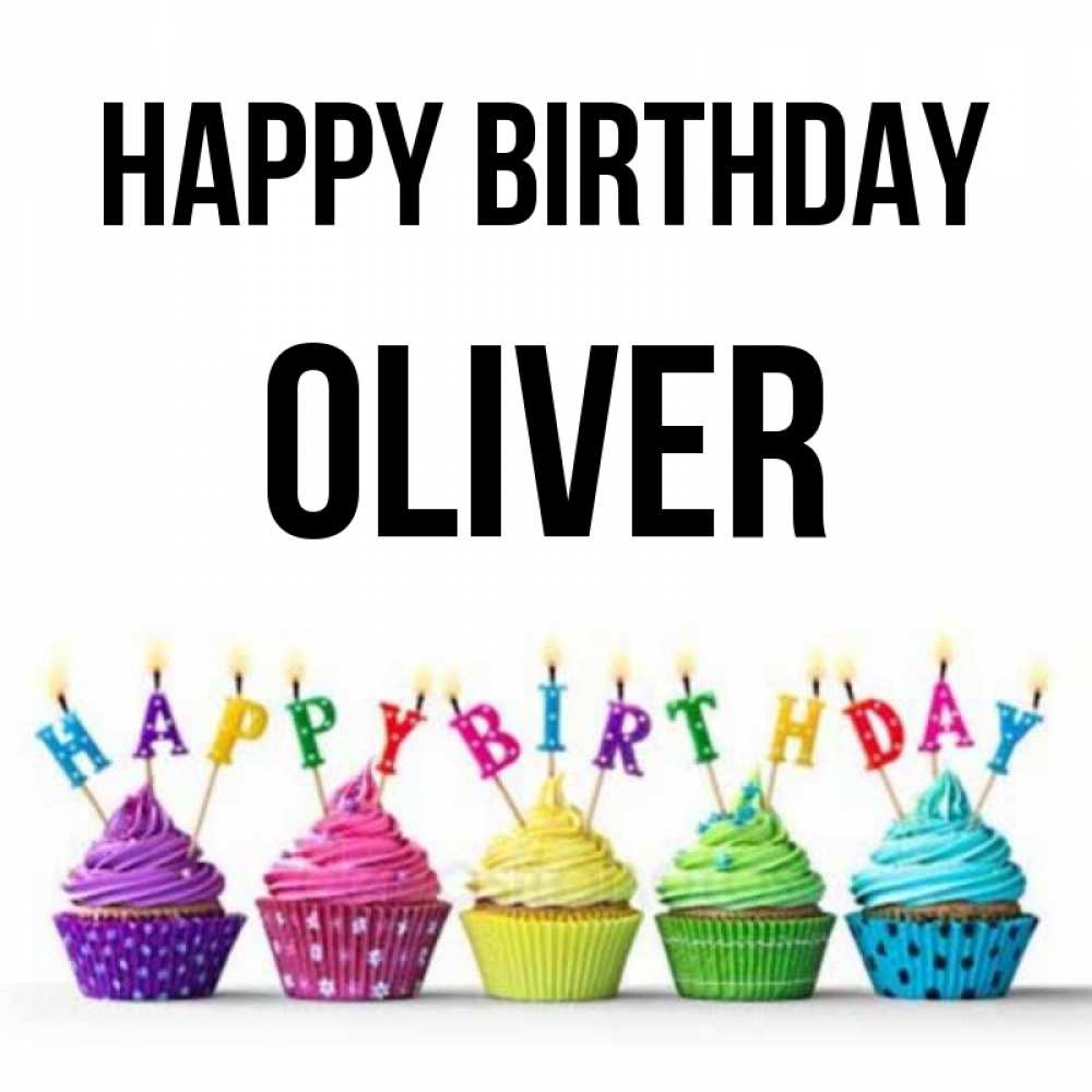 Greetings card с именем, Oliver Happy Birthday открытка ко дню рождения с разноцветными вкусняшками Greetings with text for free download 