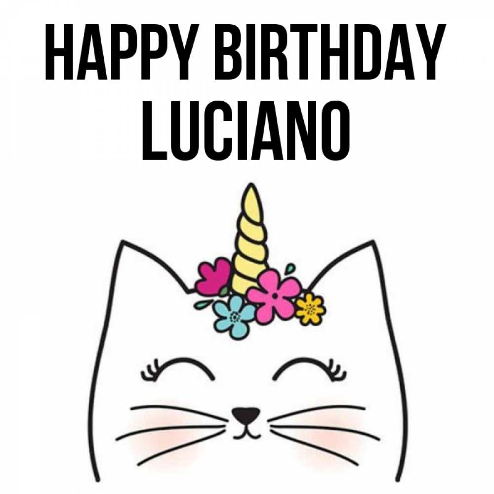 Greetings card с именем, Luciano Happy Birthday милый кот с одним рожком Greetings with text for free download 