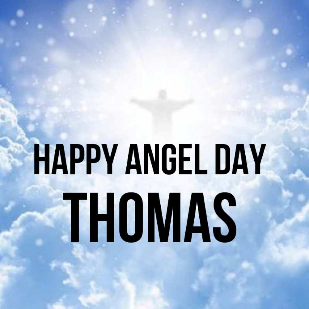 Greetings card с именем, Thomas happy angel day ангел на облаках в свете солнца Greetings with text for free download 