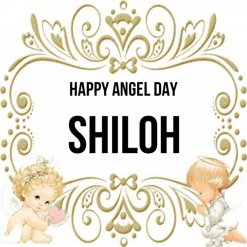 Greetings card с именем, Shiloh happy angel day с именинами поздравляют два красивых ангела. Один с сердечком другой молится Greetings with text for free download 