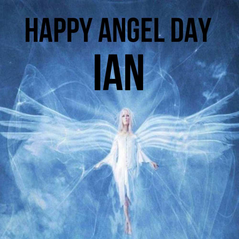 Greetings card с именем, Ian happy angel day голубой фон и крылья как у стрекозы Greetings with text for free download 