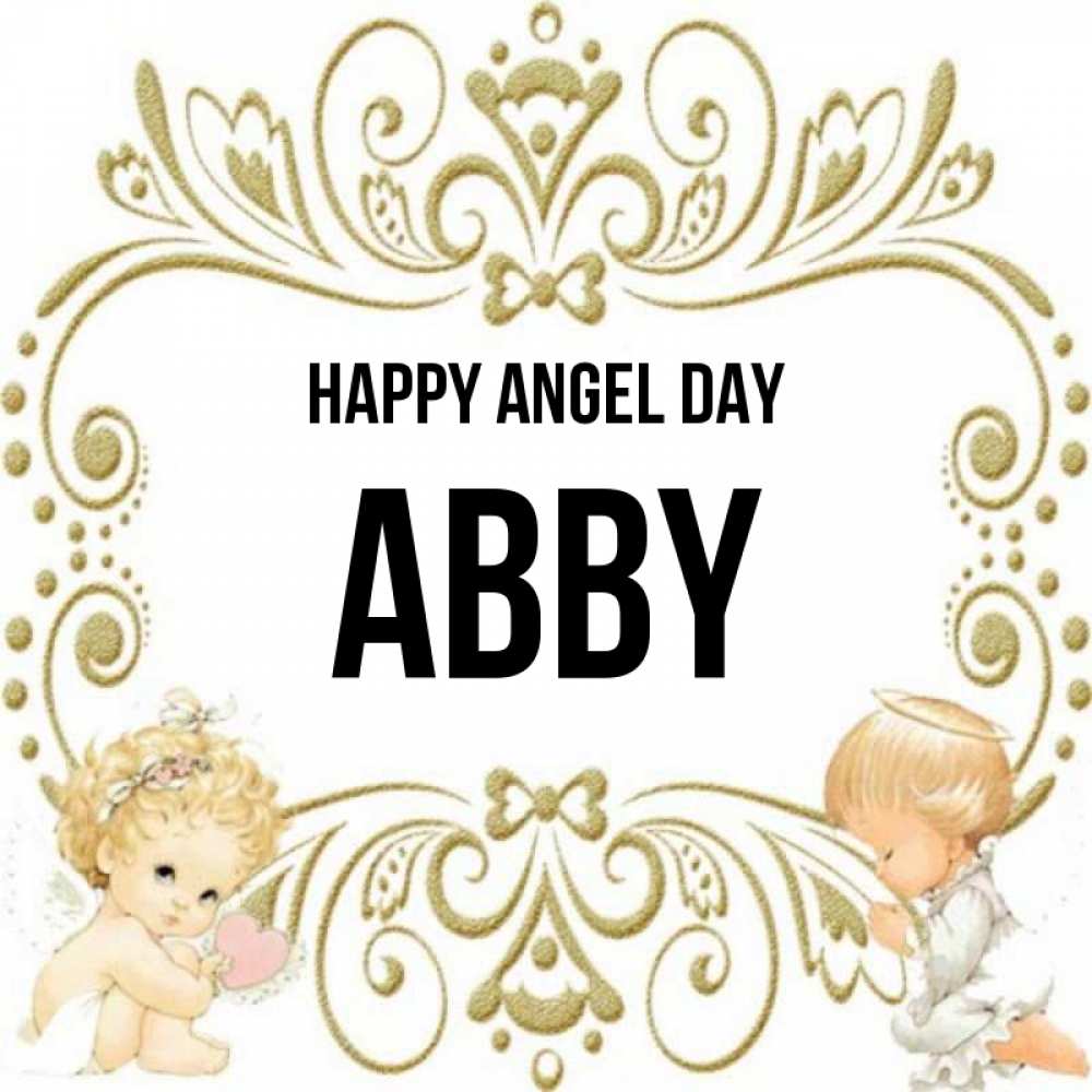 Greetings card с именем, Abby happy angel day с именинами поздравляют два красивых ангела. Один с сердечком другой молится Greetings with text for free download 