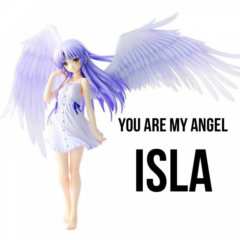 Greetings card с именем, Isla You are my angel девушка ангел с фиолетовыми крыльями Greetings with text for free download 