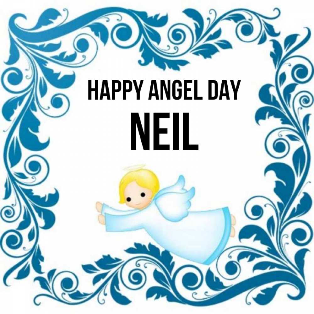 Greetings card с именем, Neil happy angel day девочка ангел и синяя рамка Greetings with text for free download 
