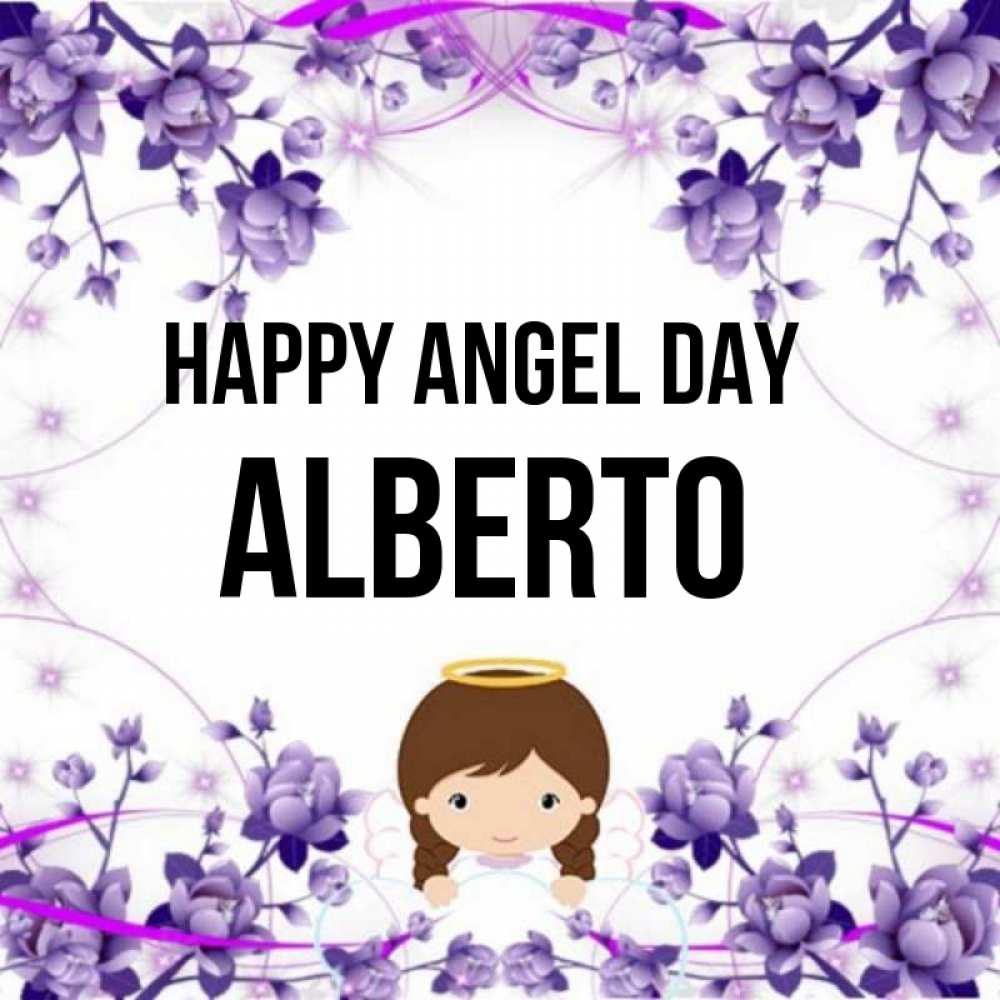 Greetings card с именем, Alberto happy angel day с именинами в рамочке Greetings with text for free download 