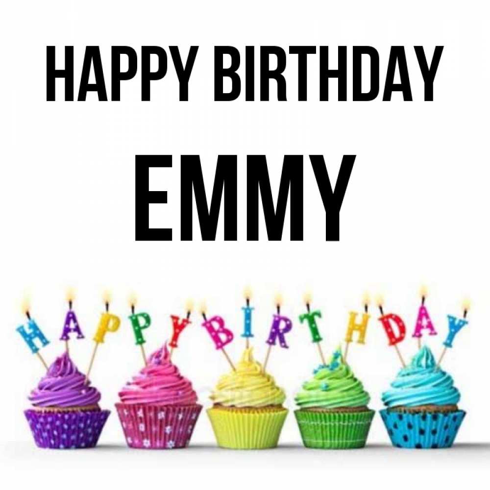 Greetings card с именем, Emmy Happy Birthday открытка ко дню рождения с разноцветными вкусняшками Greetings with text for free download 