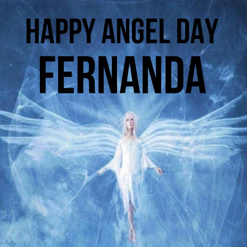 Greetings card с именем, Fernanda happy angel day голубой фон и крылья как у стрекозы Greetings with text for free download 