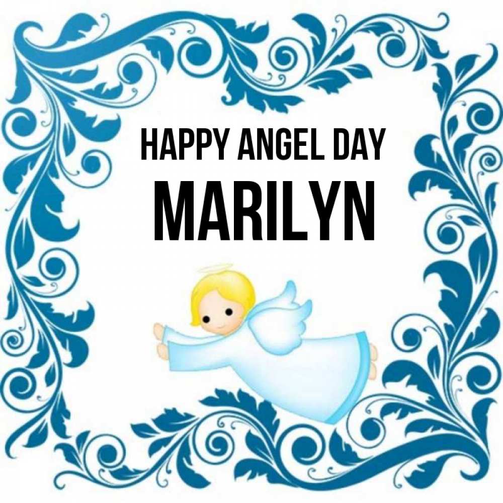 Greetings card с именем, Marilyn happy angel day девочка ангел и синяя рамка Greetings with text for free download 