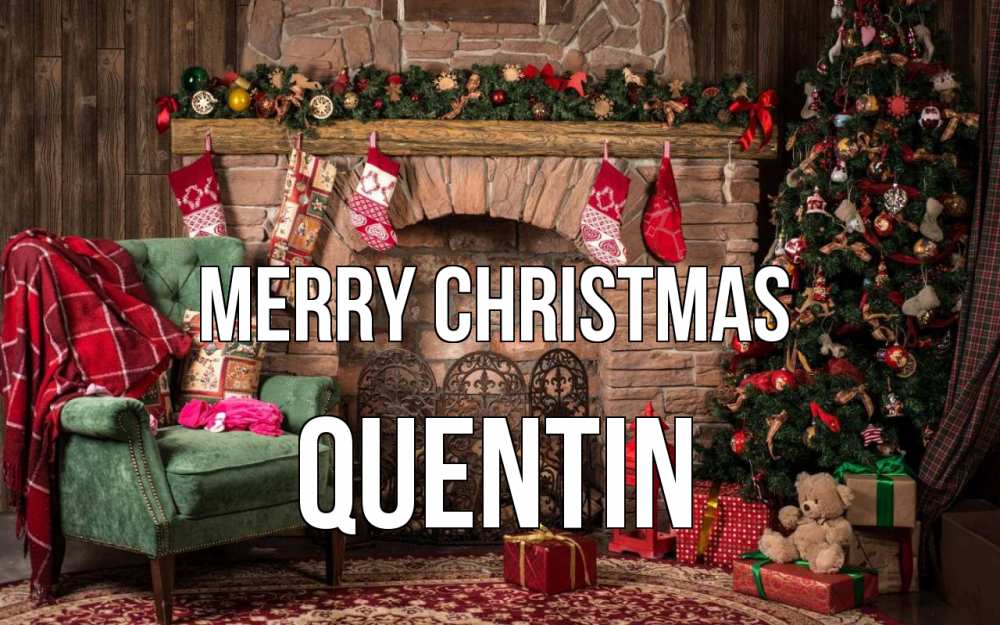 Greetings card с именем, Quentin Merry Christmas рождество, камин, ель Greetings with text for free download 