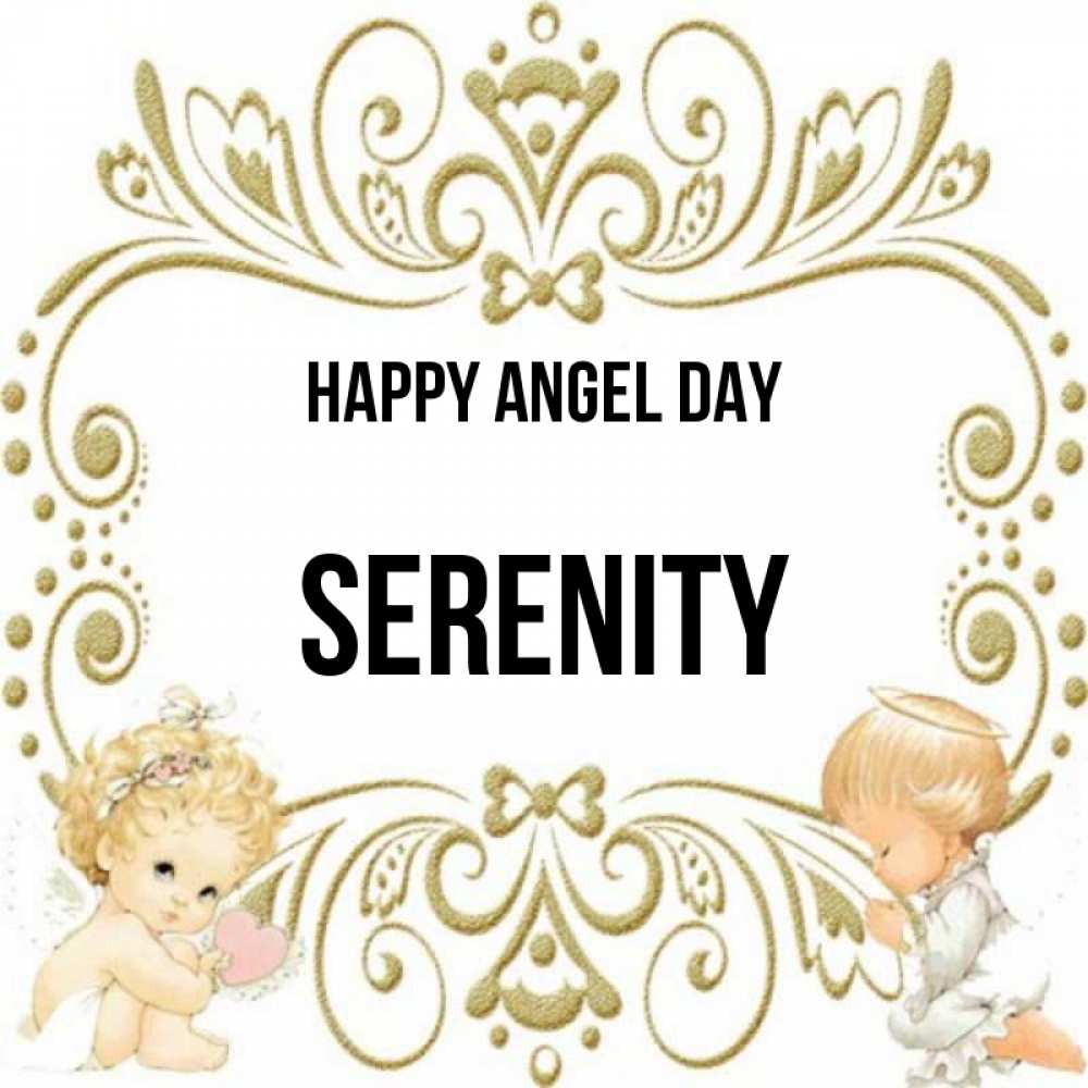 Greetings card с именем, Serenity happy angel day с именинами поздравляют два красивых ангела. Один с сердечком другой молится Greetings with text for free download 