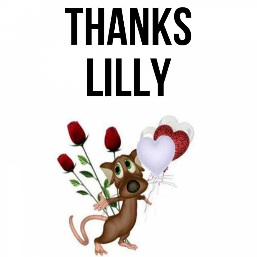 Greetings card с именем, Lilly Thanks песик с шариками в форме сердец Greetings with text for free download 