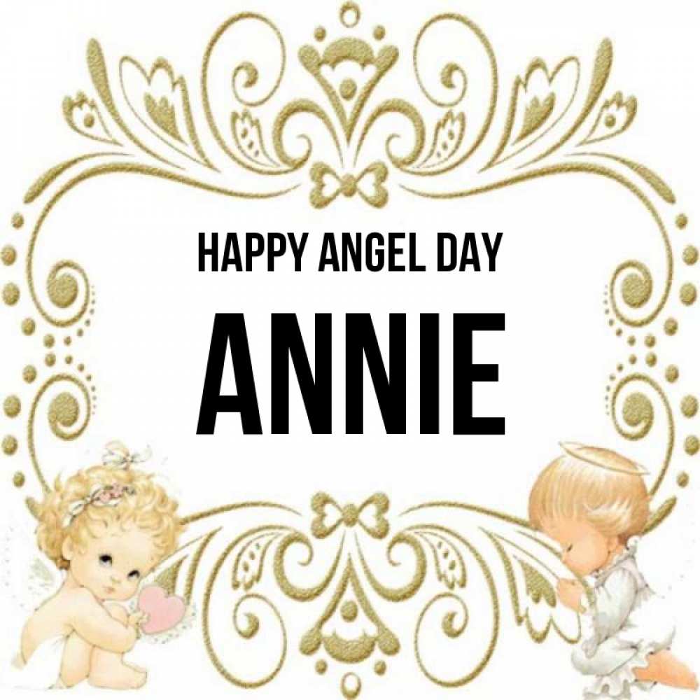 Greetings card с именем, Annie happy angel day с именинами поздравляют два красивых ангела. Один с сердечком другой молится Greetings with text for free download 