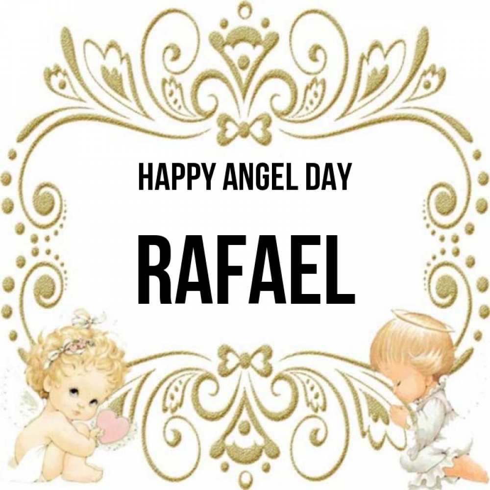 Greetings card с именем, Rafael happy angel day с именинами поздравляют два красивых ангела. Один с сердечком другой молится Greetings with text for free download 