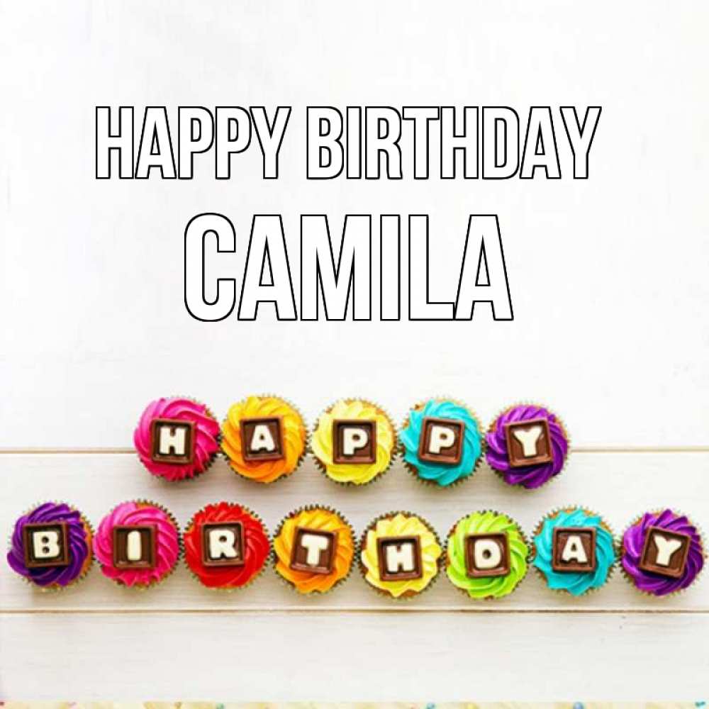 Greetings card с именем, Camila Happy Birthday из кексов и шоколада Greetings with text for free download 