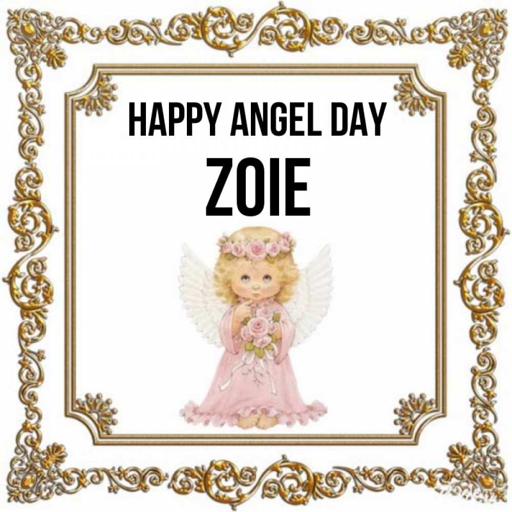 Greetings card с именем, Zoie happy angel day девочка ангел с крыльями и цветами в розовом платье Greetings with text for free download 
