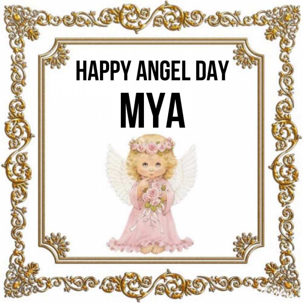 Greetings card с именем, Mya happy angel day девочка ангел с крыльями и цветами в розовом платье Greetings with text for free download 