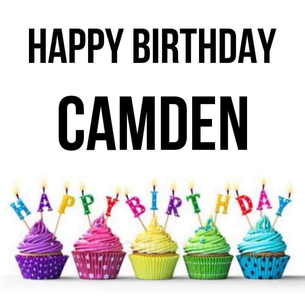 Greetings card с именем, Camden Happy Birthday открытка ко дню рождения с разноцветными вкусняшками Greetings with text for free download 