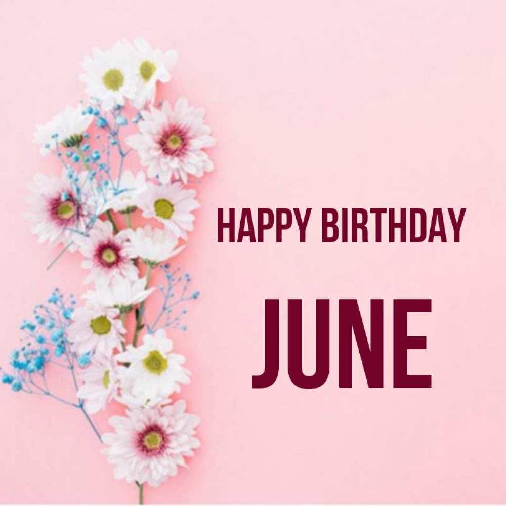 Greetings card с именем, June Happy Birthday Родная моя с днем рождения тебя картинка с цветами белыми и голубыми Greetings with text for free download 